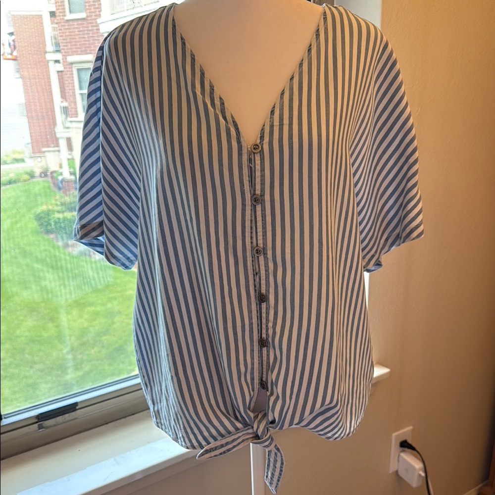 Woman's Velvet Heart Blue and White Striped Blouse